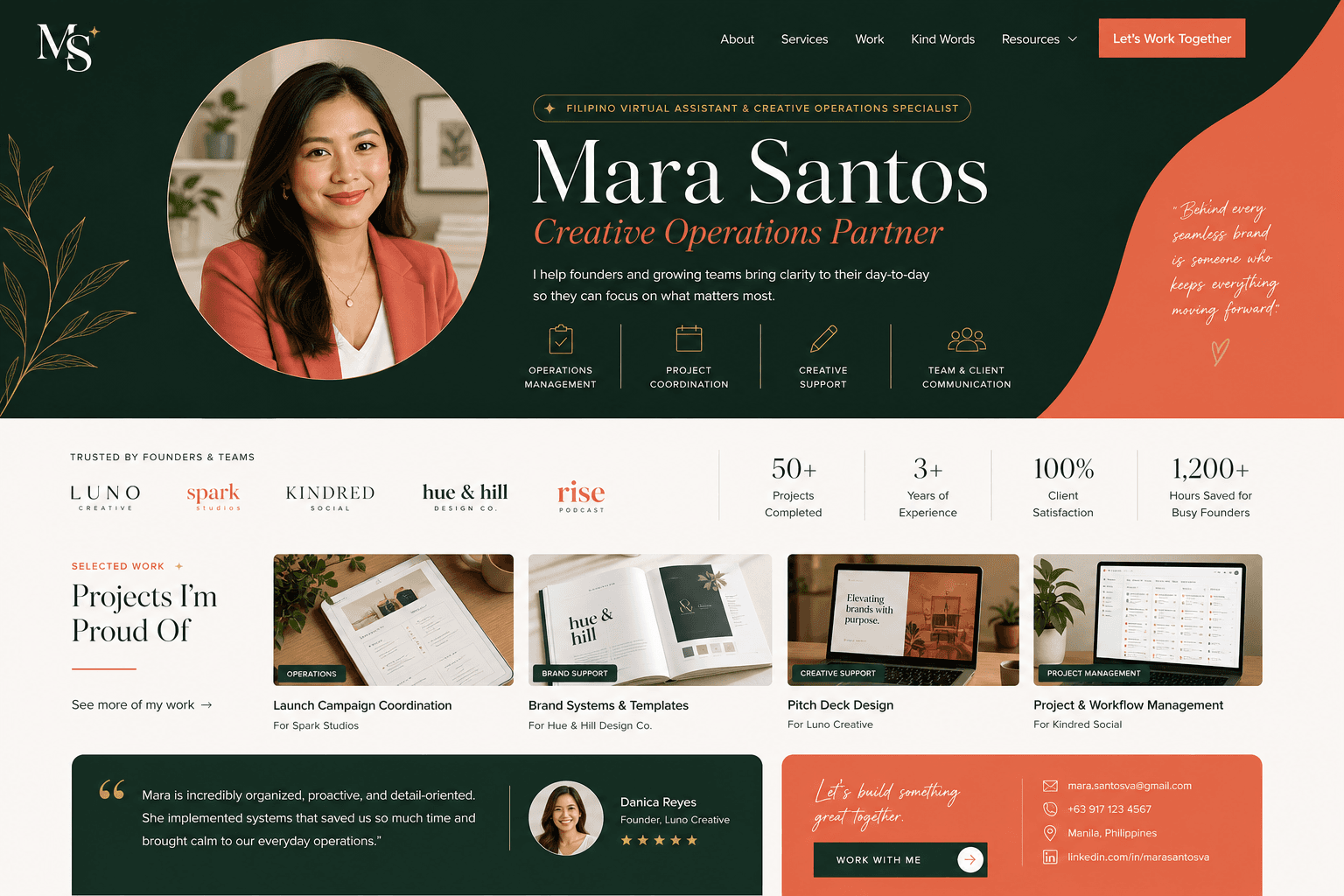A customized ProPage portfolio featuring a professional profile photo, services, client results, selected work, and contact details